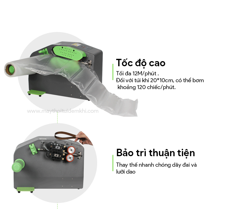 Máy thổi túi đệm khí KYC C10 đang thổi và hàn miệng túi
