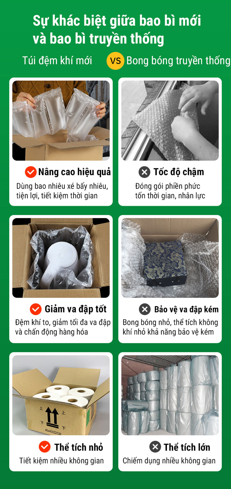 So sánh giữa túi đệm khí chèn hàng và xốp bong bóng