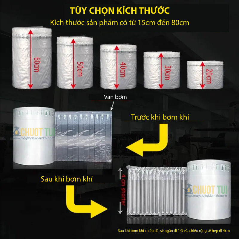 Túi cột khí kích thước sau bơm